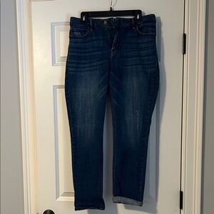 Cosmic blue love jeans slightly distressed, straight leg with slight stretch.